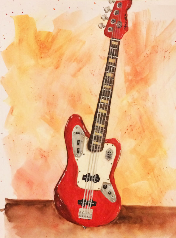 Watercolor painting of a Fender bass by Erika Lancaster