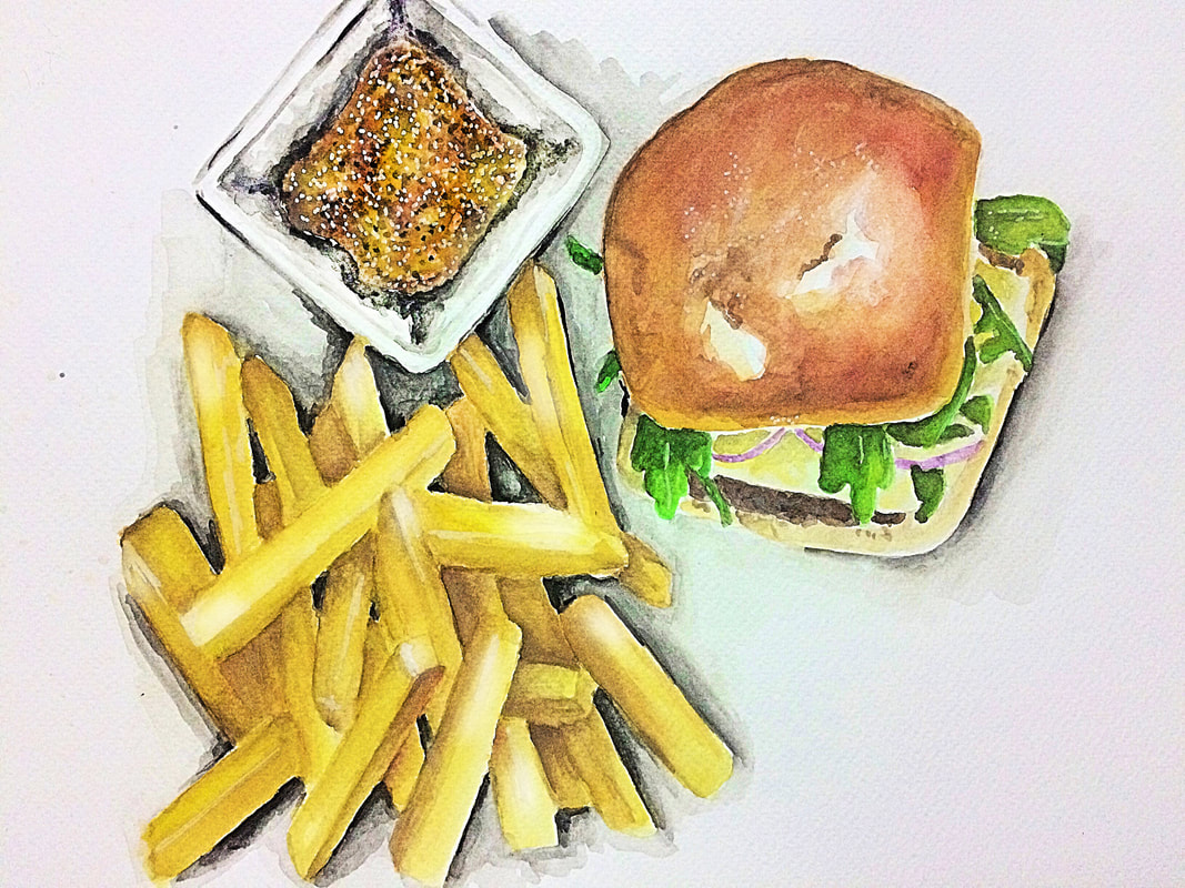 Burger and fries watercolor painting by Erika Lancaster