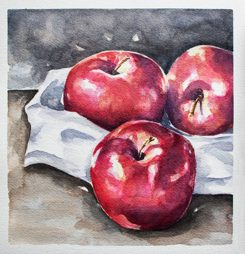 Watercolor Apples Still Life Painting by Erika Lancaster