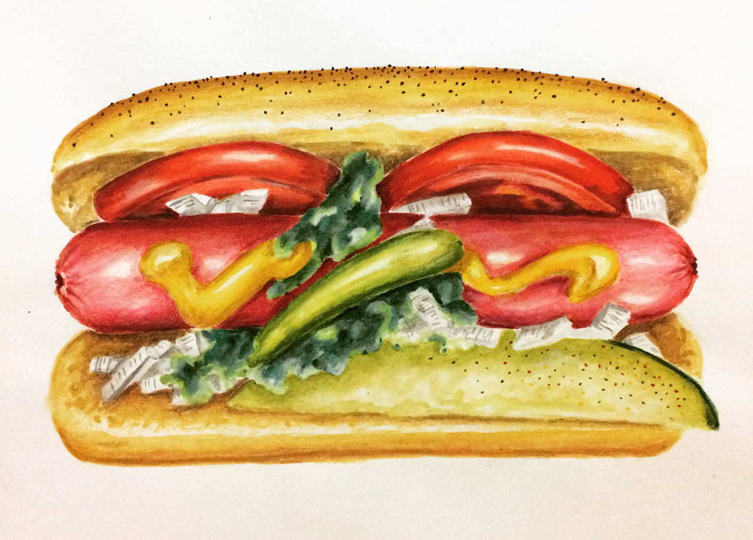 Realistic watercolor hot dog painting by Erika Lancaster