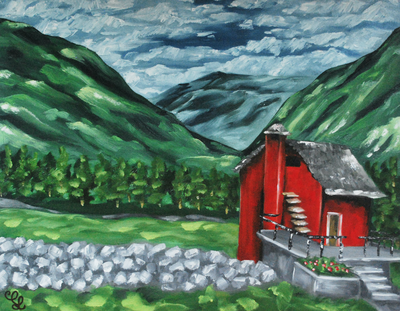 Red Cabin and Mountains Landscape Oil Painting by Erika Lancaster