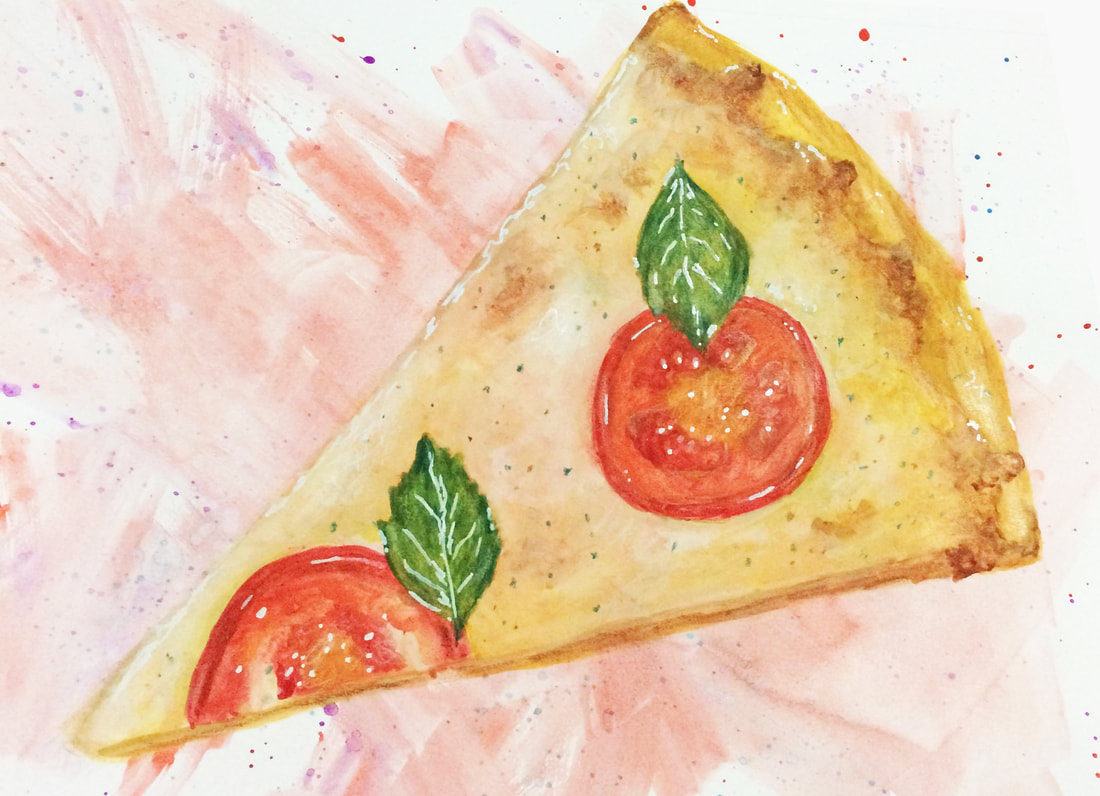 Watercolor painting of a slice of pizza by Erika Lancaster.