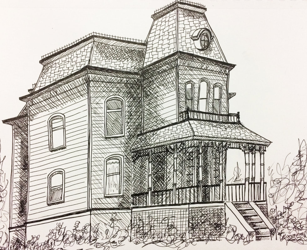Drawing pen sketch of the house from the movie Psycho by Erika Lancaster
