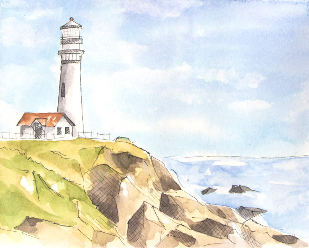 Pen and Ink with Watercolor - Line and Wash Lighthouse Landscape