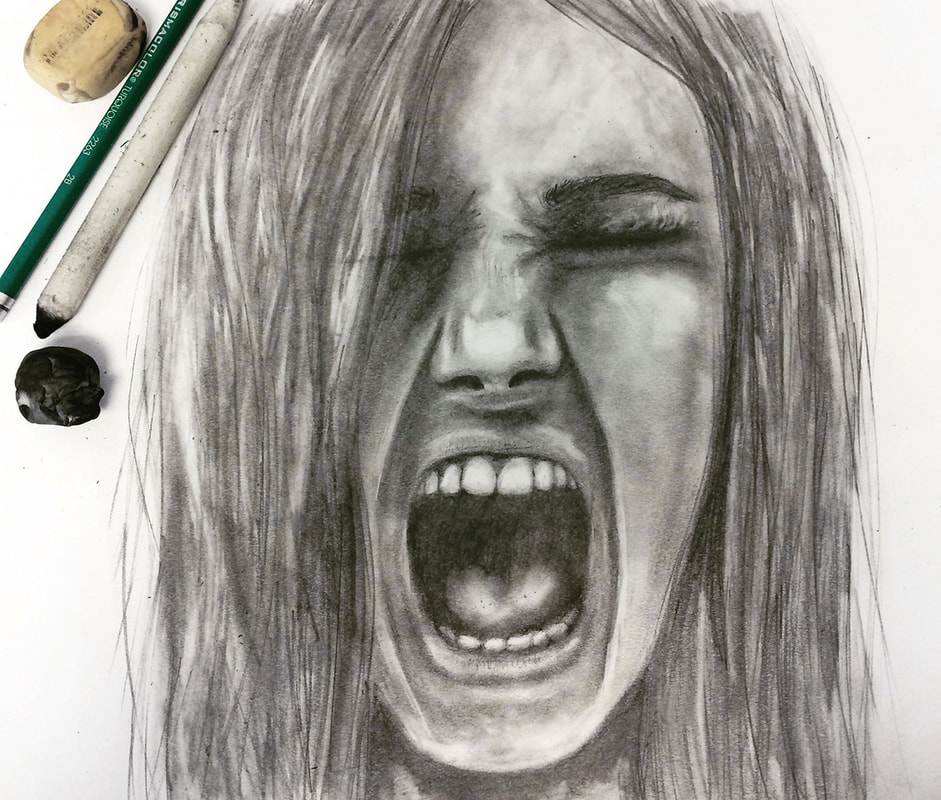 Girl screaming drawn with pencil by Erika Lancaster.
