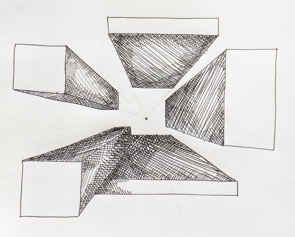 3-Dimensional shapes drawn on a 1-Point Perspective grid.