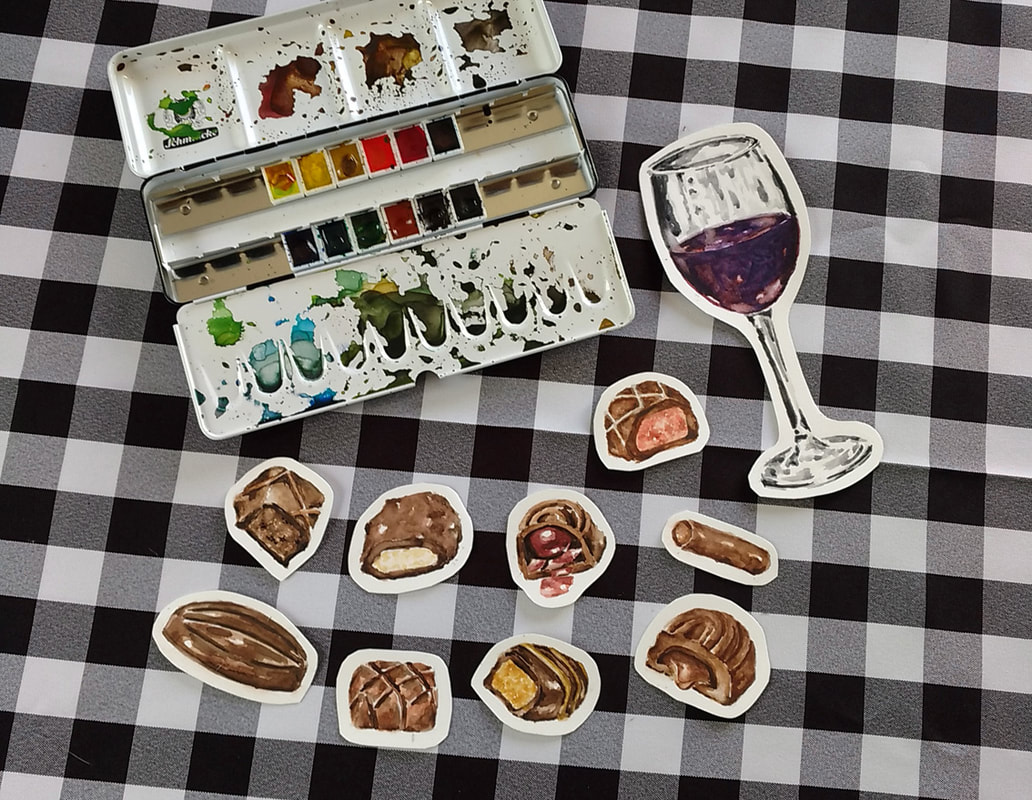 Watercolor Chocolates and Glass of Wine. Schmincke 12 Pan Watercolor Set and Art-n-Fly Cold Press Watercolor Paper.