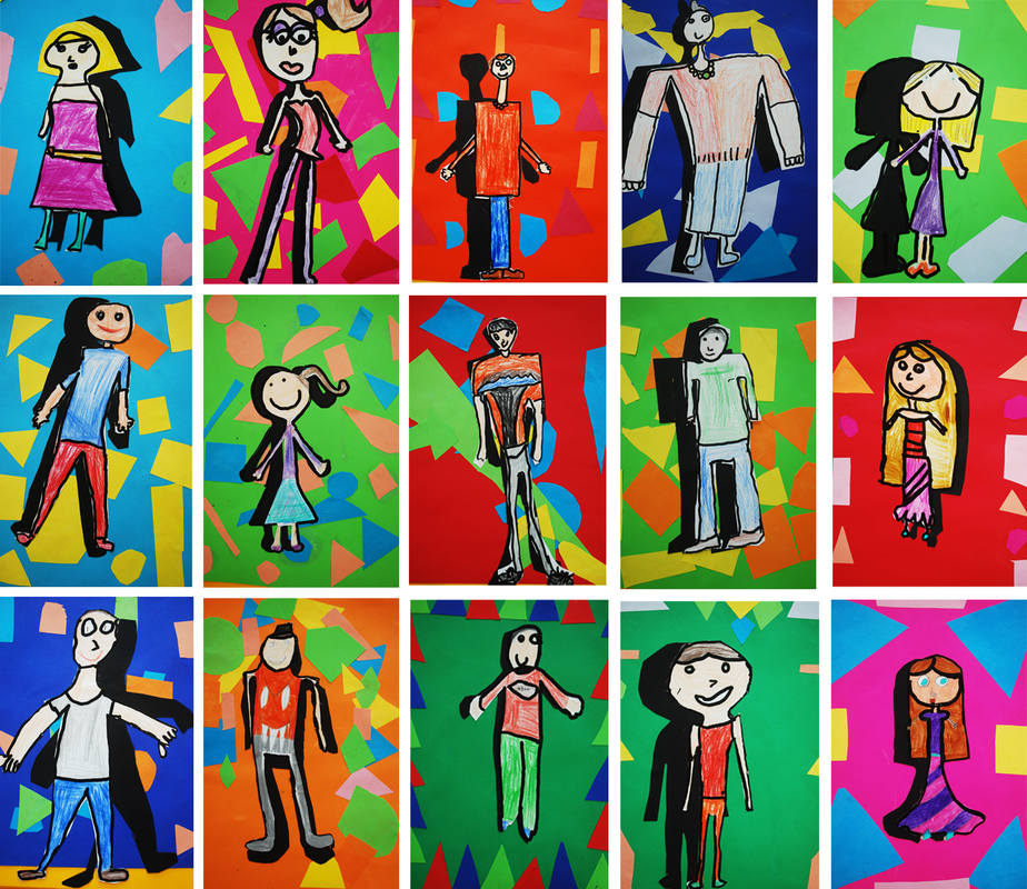 Full-Body Portraits with Geometric Shape Backgrounds 1st Grade Art Project