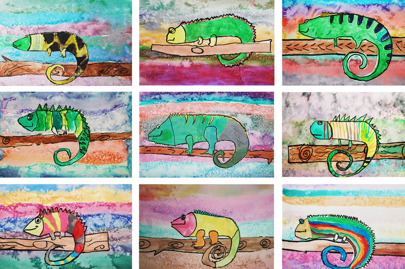 Watercolor Chameleons 1st Grade Art Project