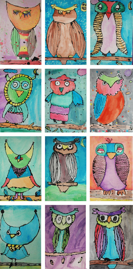 Black Glue Owls 3rd Grade Art Project