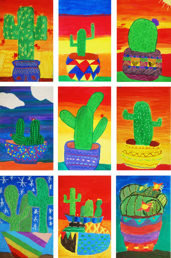 Mixed-Media Mexican Cacti 4th Grade Art Project