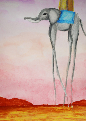 Watercolor and oil pastel Dali-inspired paintings