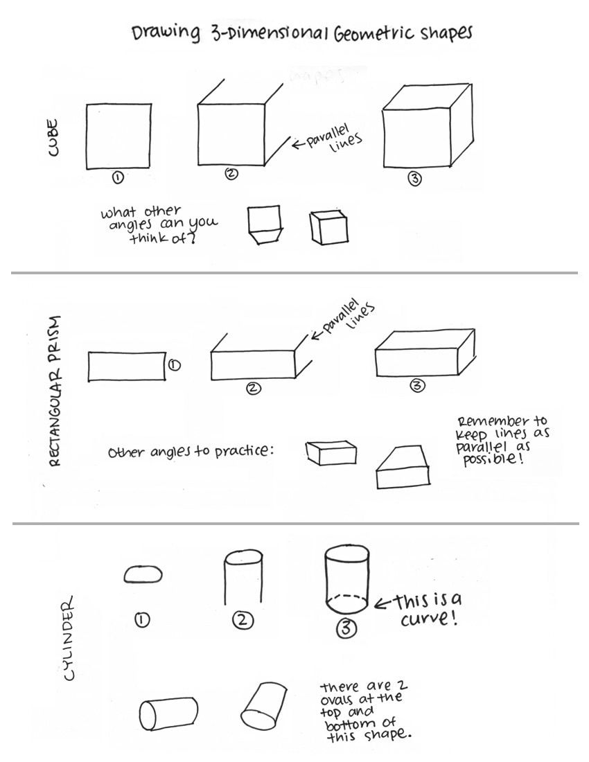 How to draw 3D Geometric shapes. Download this worksheet at the end of the post.
