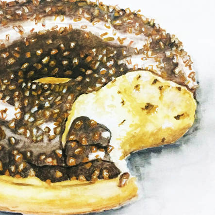 Realistic watercolor painting of a doughnut by Erika Lancaster