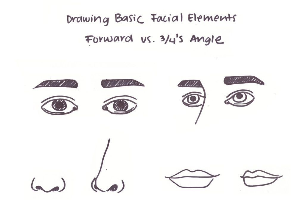 How to draw simple facial elements. Forward vs. 3/4's angle.