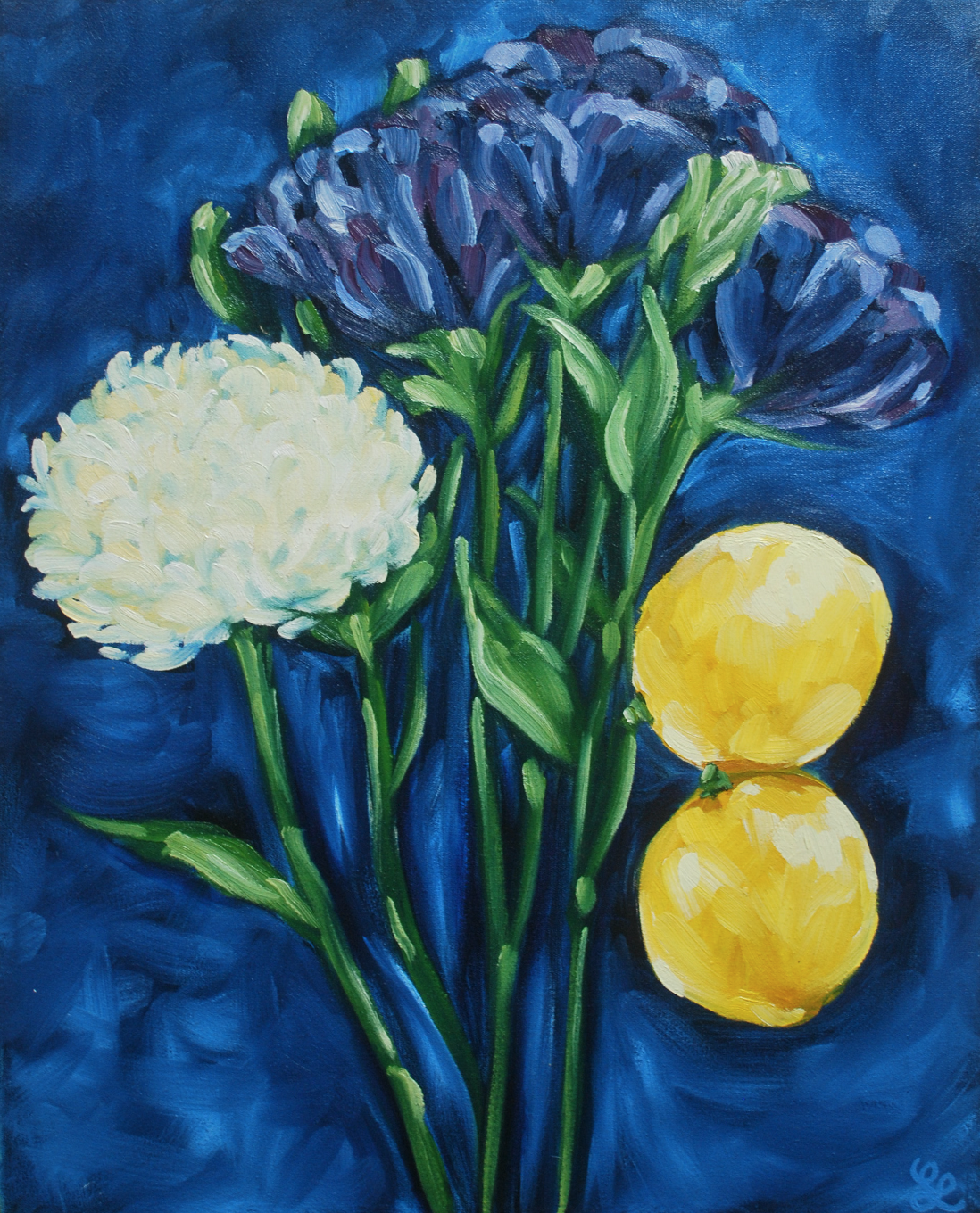 Lemons and Flowers- Still life oil painting on stretched canvas by Erika Lancaster