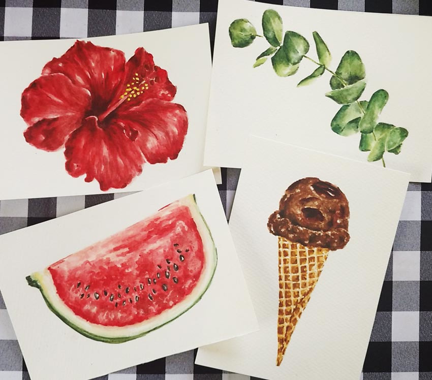 Watercolor illustrations of objects by Erika Lancaster