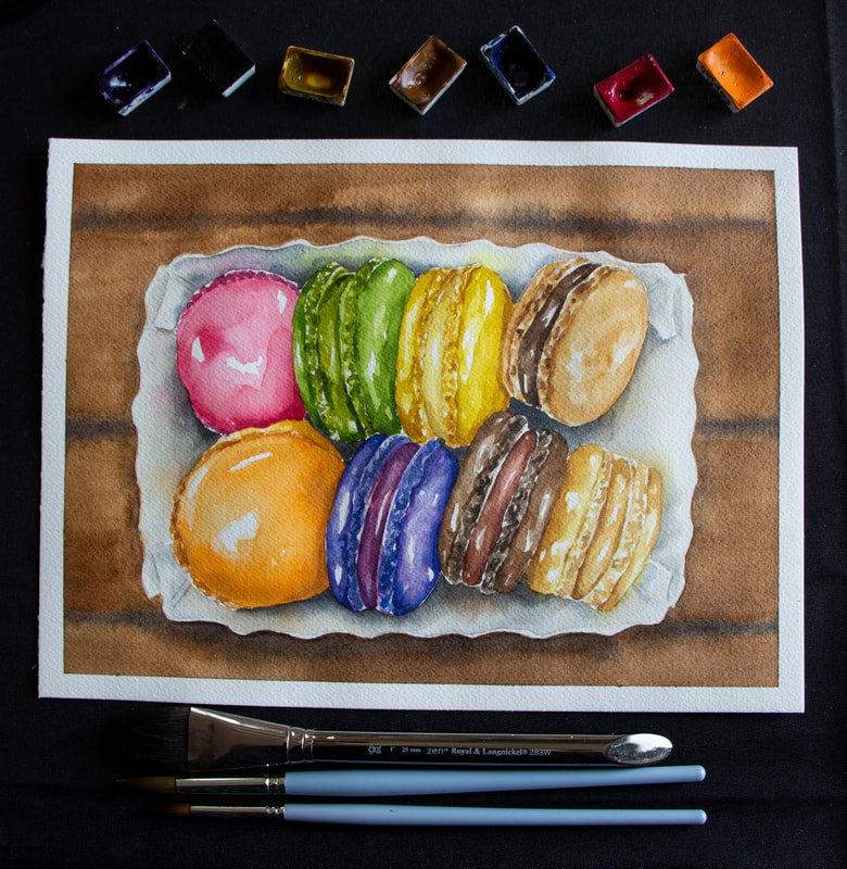 Colorful macarons in watercolor by Erika Lancaster