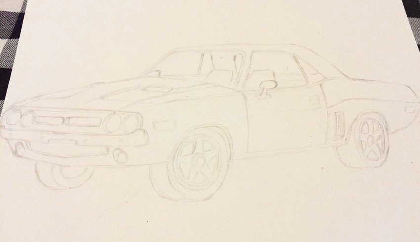 Initial pencil sketch of a car to use for painting with watercolors.