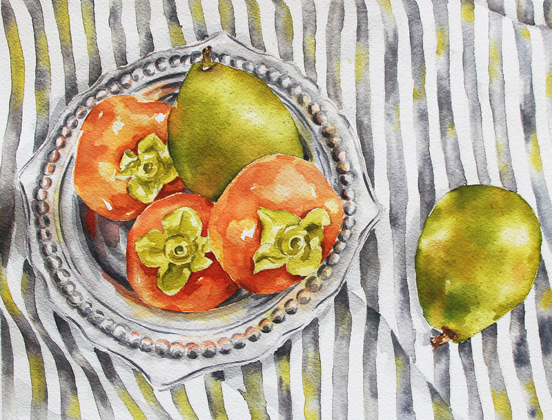 Watercolor Pears and Persimmons by Erika Lancaster