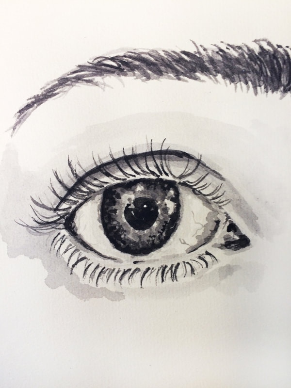 Grayscale eye study in black watercolor