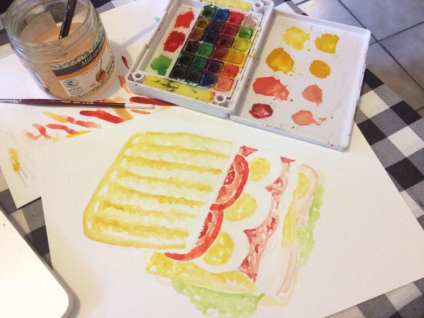 Food watercolor illustration mid-process.