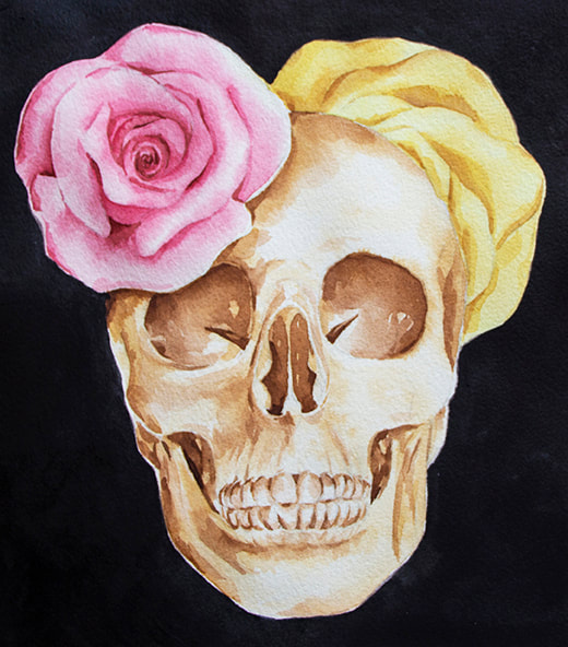Watercolor Mexican Skull With Roses by Erika Lancaster