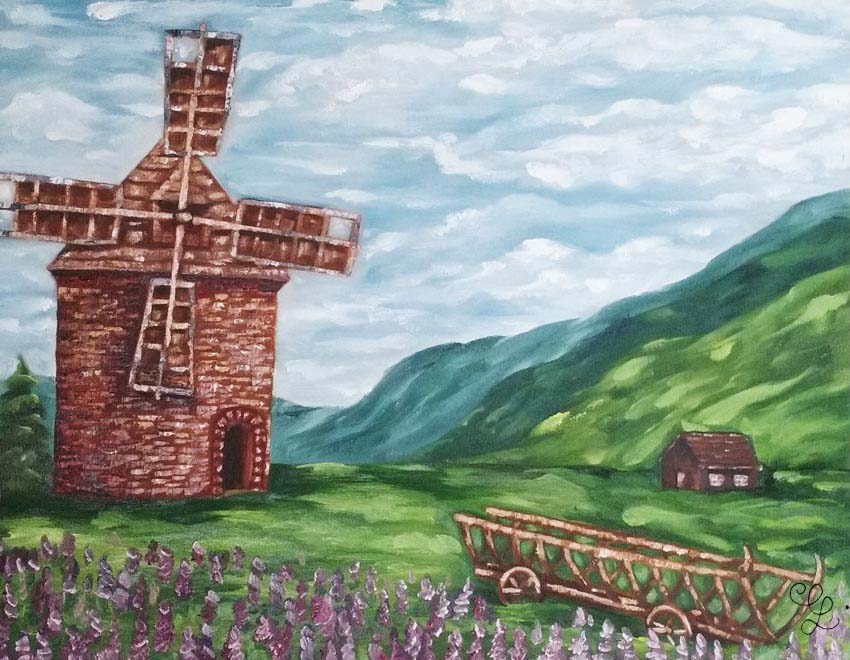 Windmill landscape oil painting by Erika Lancaster